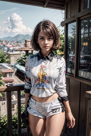   smile,   mature_woman, 27 years old, stern expression, frustrated, disappointed, flirty pose, sexy, looking at viewer, scenic view, Extremely Realistic, high resolution, masterpiece, 

gloria2, 1girl, solo, brown eyes, brown hair, single glove, gloria \(pokemon\), bangs, collared shirt, white socks, white shorts, short hair, partially fingerless gloves, short shorts, kneehighs, striped shirt, bob cut, print shirt, vertical stripes, eyelashes,
