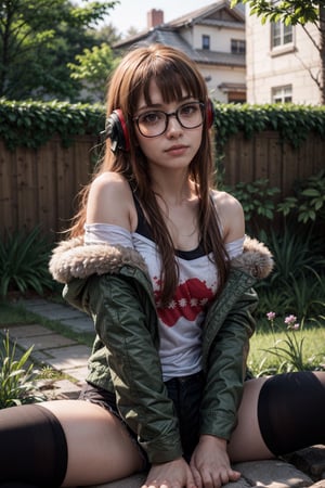   smile,   mature_woman, 27 years old, stern expression, frustrated, disappointed, flirty pose, sexy, looking at viewer, scenic view, Extremely Realistic, high resolution, masterpiece, 

sakura_futaba, long hair, glasses, blunt bangs, headphones, black-framed eyewear, behind-the-head headphones, shirt, jacket, off shoulder, fur trim, green jacket, ahoge, fur-trimmed jacket, bare shoulders, shorts, thighhighs, black thighhighs, white shirt(outdoors, garden, sitting, spread legs, arms between legs)