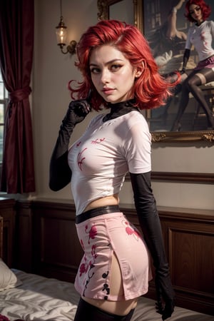   smile,   mature_woman, 27 years old, stern expression, frustrated, disappointed, flirty pose, sexy, looking at viewer, scenic view, Extremely Realistic, high resolution, masterpiece, 

(Niffty:1.5), (yellow skin, makeup, pink sclera, thin, petite, pink-red hair, large eyelashes:1.2), (CasualOutfit), (white shirt, pink poodle skirt, black gloves, black tights),