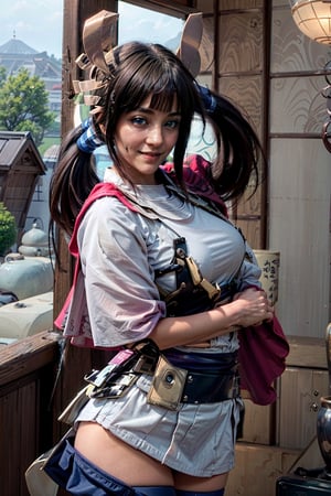   smile,   mature_woman, 27 years old,  flirty pose, sexy, looking at viewer, scenic view, Extremely Realistic, high resolution, masterpiece, 

heroine, blue eyes, brown hair, long hair, ponytail, bangs, thighhighs, japanese clothes, japanese armor,cape, multicolored hair,