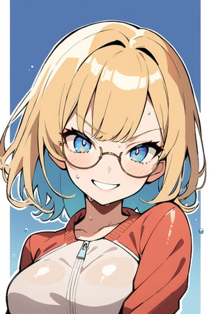 1 girl, Luna, yellow hair, (round glasses), (blue eyes: 1.5), loose hair, messy hair, shaved side of the head, head swept to one side. She wears school swin suit, angry, wet,

Masterpiece, best quality, 4k, absurdres. Shiny eyes, smirk, 2D, flat tones, flat shading, white outline, cel shading. From below.