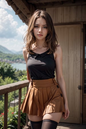   smile,   mature_woman, 27 years old, stern expression, frustrated, disappointed, flirty pose, sexy, looking at viewer, scenic view, Extremely Realistic, high resolution, masterpiece, 

 serena, looking at viewer, eyelashes,  sleeveless, long hair, thighhighs, short hair, skirt, black thighhighs, shirt, collarbone, red skirt, pleated skirt, sleeveless shirt