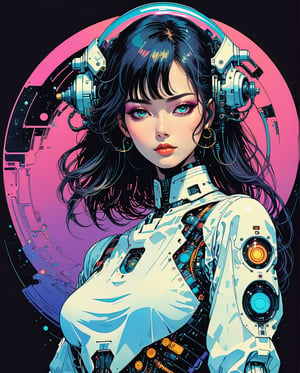 Art style by Noriyoshi Ohrai, Art style by Moebius Jean Giraud, Robot android female futuristic synthwave, circular, vector logo sticker, masterpiece, sleeve pulp style, flat shading, solid background color, t-shirt design