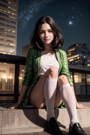   smile,   mature_woman, 27 years old, stern expression, frustrated, disappointed, flirty pose, sexy, looking at viewer, scenic view, Extremely Realistic, high resolution, masterpiece, 

liko \ pokemon\) ,1girl,smile,night,city,starry sky,only girl,greeting,correct anatomy,small hand,correct hands, hair_ornament, black_shorts, green_coat, white_footwear, white_legwear, white__shirt, white_socks