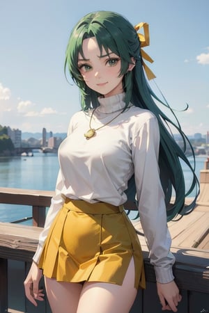  smile,  panties, mature_woman, 27 years old, stern expression, frustrated, disappointed, flirty pose, sexy, looking at viewer, scenic view,Extremely Realistic,REALISTIC,Masterpiece,highres,best quality, 

Sonozaki Shion, green hair, green eyes, long hair, yellow ribbon, yellow necklace, turtleneck sweater, black skirt,
,sonozaki shion