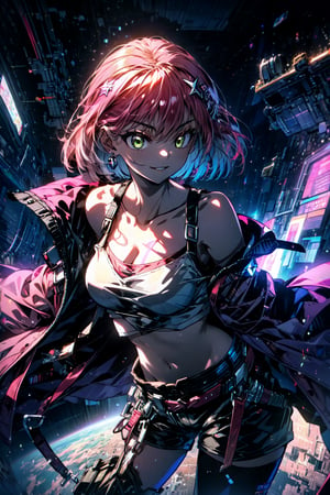 masterpiece, best quality, highres,  solo, 

kisikilslf1, pink hair, green eyes, short hair, white tank top, midriff, shorts, pink belt, asymmetrical legwear, oversized pink jacket,

cowboy shot, space station,  smile,  medium breasts, cleavage, leaning forward,close up face, smile, parted lips , night, arms behind back