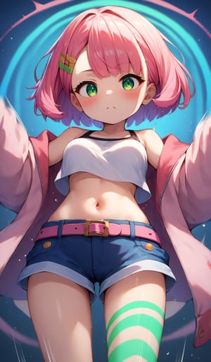 Score_9, Score_8_up, Score_7_up, Score_6_up, Score_5_up, Score_4_up, , source_anime, Extremely Realistic,more detail XL,(motion sex), motion lines, motion blur, vibrant colors, 

kisikilslf1, pink hair, green eyes, short hair, white **** top, midriff, shorts, pink belt, asymmetrical legwear, oversized pink jacket