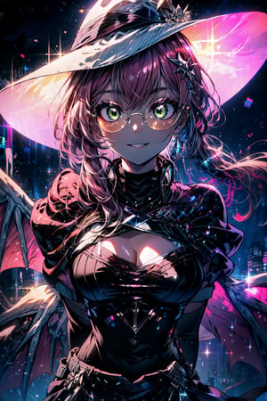 masterpiece, best quality, highres,  solo, 

kisikilevil, pink hair, green eyes, long hair, ponytail, orange-tinted glasses, white capelet, black bodysuit, pink demon wings, white witch hat,

cowboy shot, space station,  smile,  medium breasts, cleavage, leaning forward,close up face, smile, parted lips , night, arms behind back