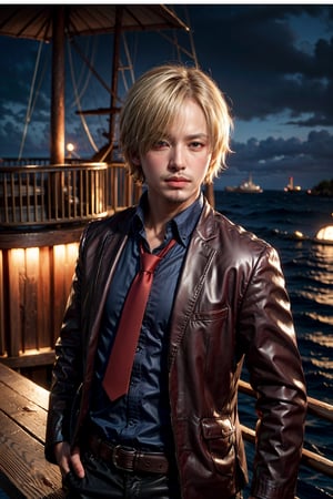  looking at viewer, scenic view, Extremely Realistic, high resolution, masterpiece, 

pirate ship background, ocean,  sanji2, suit, hair_over_one_eye, eyeblow, black shirts, necktie, Burgundy jacket, facial hair, blonde hair, male, short hair, 