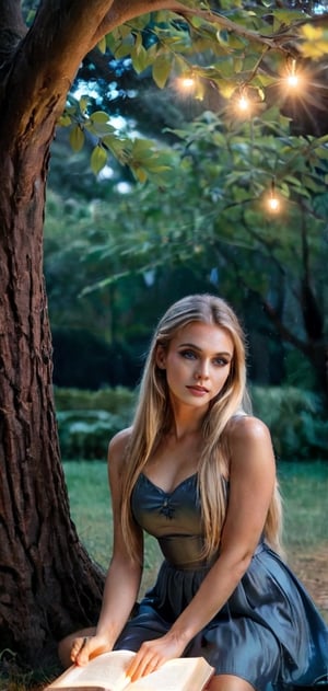 beautiful women reading book under the tree, siiting, long blonde hair, 2 ponytails, dark make up, blue eyes,attractive,lighted, illuminated aura ,inst4 style,aesthetic portrait,