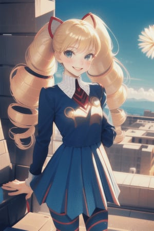 
TWINTAILS, TWIN DRILLS, Luna_MM, twin tails, drill hair, blonde, blond_hair, big hair, big red ribbon in hair, cowboy shot, scenic view, smile, parted lips , striped tights,blue dress, school uniform, skirt, 

exploding fireworks ,