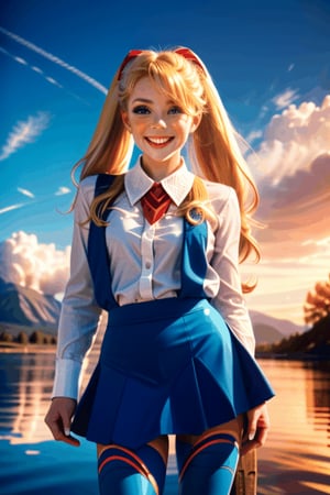 
TWINTAILS, TWIN DRILLS, Luna_MM, twin tails, drill hair, blonde, blond_hair, big hair, big red ribbon in hair, cowboy shot, scenic view, smile, parted lips , striped tights,blue dress, school uniform, skirt, 

exploding fireworks ,photorealistic,CLOUD,midjourney