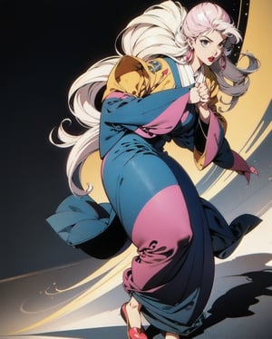 vintage sticker of a full body portrait of a woman in the Japanese retro anime style of the 80s and 90s. The scene features a top model with wild hair, exuding confidence and allure. She stands in a dynamic pose that highlights her form and curves, set against a soft pink and yellow palette. The lighting reflections and shadows add depth and intensity to the scene. Her gaze is evocative and intense, aware of her own beauty and playing it up for the photoshoot. She is dressed in stylish, minimalist clothing that accentuates her form, with bold lipstick and eyeliner highlighting her sharp facial features. The background is minimalist, ensuring all attention is on her captivating presence. Emphasize her confident pose, wild hair, and the dramatic interplay of light and shadow, creating a nostalgic yet striking visual in the retro anime style.