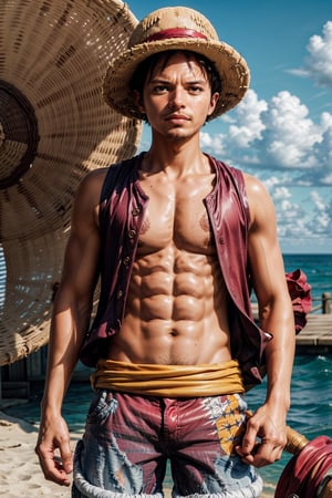  looking at viewer, scenic view, Extremely Realistic, high resolution, masterpiece, 

1utf1 ((wearing straw hat)), pirate ship background, water, ocean, abs, clenched hand, male focus, red shirt,open clothes, open shirt, sleeveless shirt, short hair, looking at viewer, shorts, sandals, red shirt, solo, straw hat,  