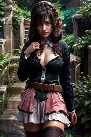   smile,   mature_woman, 27 years old, stern expression, frustrated, disappointed, flirty pose, sexy, looking at viewer, scenic view, Extremely Realistic, high resolution, masterpiece, 

yunyun1, 1girl, red eyes, solo, thighhighs, necktie, skirt, braid, long hair, pink necktie, large breasts, belt, hair ornament, black hair, hair bow, crown braid, long sleeves, brown hair, twintails, , spell, magic circle, hand up, field,