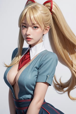 masterpiece, best quality, 1girl, solo, looking at viewer, breasts, , portrait, white background, simple background, 

TWINTAILS, TWIN DRILLS, Luna_MM, twin tails, drill hair, blonde, striped tights,blue dress, school uniform, skirt, blond_hair, big hair, big red ribbon in hair, ,photorealistic
