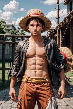  looking at viewer, scenic view, Extremely Realistic, high resolution, masterpiece, 

1utf1 ((wearing straw hat)), pirate ship,abs, clenched hand, male focus, red shirt,open clothes, open shirt, short hair, looking at viewer, shorts, sandals, red shirt, solo, straw hat,  