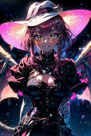 masterpiece, best quality, highres,  solo, 

kisikilevil, pink hair, green eyes, long hair, ponytail, orange-tinted glasses, white capelet, black bodysuit, pink demon wings, white witch hat,

cowboy shot, space station,  smile,  medium breasts, cleavage, leaning forward,close up face, smile, parted lips , night, arms behind back