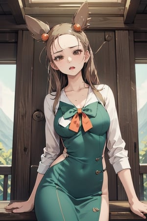  smile,  panties, mature_woman, 27 years old, stern expression, frustrated, disappointed, flirty pose, sexy, looking at viewer, scenic view,Extremely Realistic,DRILLS,REALISTIC,Masterpiece,highres,best quality,jasmine \(pokemon\), aqua dress, :o, orange bow, 
