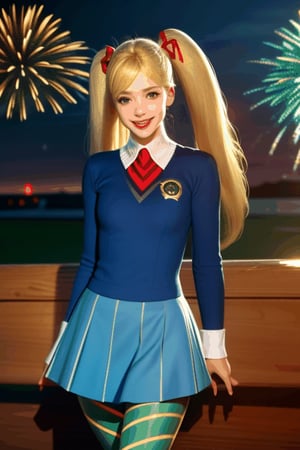 
TWINTAILS, TWIN DRILLS, Luna_MM, twin tails, drill hair, blonde, blond_hair, big hair, big red ribbon in hair, cowboy shot, scenic view, smile, parted lips , striped tights,blue dress, school uniform, skirt, 

exploding fireworks ,photorealistic