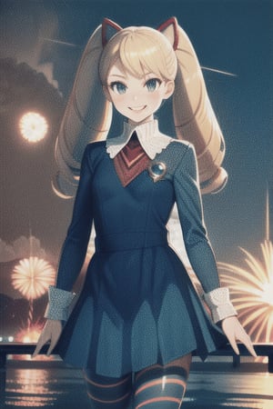 
TWINTAILS, TWIN DRILLS, Luna_MM, twin tails, drill hair, blonde, blond_hair, big hair, big red ribbon in hair, cowboy shot, scenic view, smile, parted lips , striped tights,blue dress, school uniform, skirt, 

exploding fireworks ,