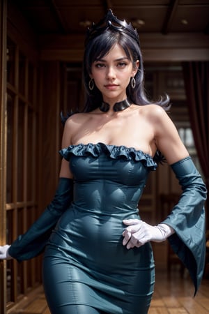   smile,   mature_woman, 27 years old, stern expression, frustrated, disappointed, flirty pose, sexy, looking at viewer, scenic view, Extremely Realistic, high resolution, masterpiece, 

bellelba, medium hair, earrings, crown, detached collar, off-shoulder dress, long dress, wide sleeves, white elbow gloves, (indigo hair), 
