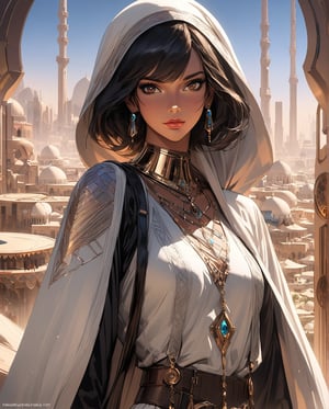 In the futuristic Saudi Arabian Metropolis, a strikingly unique woman with black short hair, brown eyes, and light brown tan skin stands out against the shiny chromed cityscape. Painted in the art style of Syd Mead, the image is a detailed and vibrant digital painting. The woman's features are beautifully illustrated with intricate details, capturing her mysterious allure. The cityscape behind her is depicted with a stunning blend of futuristic elements and traditional Saudi Arabian architecture, adding depth and realism to the scene. Overall, the image is a high-quality, visually captivating masterpiece that seamlessly combines modernity with cultural richness.