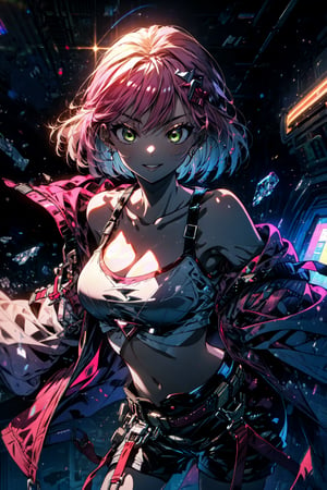 masterpiece, best quality, highres,  solo, 

kisikilslf1, pink hair, green eyes, short hair, white tank top, midriff, shorts, pink belt, asymmetrical legwear, oversized pink jacket,

cowboy shot, space station,  smile,  medium breasts, cleavage, leaning forward,close up face, smile, parted lips , night, arms behind back