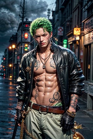  looking at viewer, scenic view, Extremely Realistic, high resolution, masterpiece, 
pirate ship background, water, ocean, 

zoro, solo, short hair, gloves, 1boy, jewelry, jacket, weapon, male focus, earrings, green hair, open clothes, belt, pants, necklace, bracelet, tattoo, chain, scar, black pants , pectorals, sheath, scar on face, rain, sheathed, scar across eye, chain necklace ,zoro