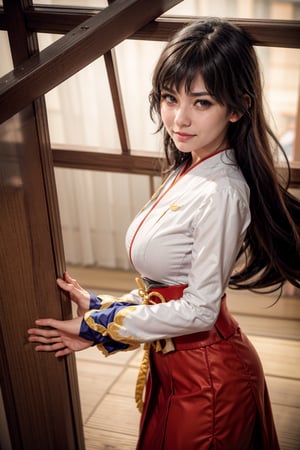   smile,   mature_woman, 27 years old, stern expression, frustrated, disappointed, flirty pose, sexy, looking at viewer, scenic view, Extremely Realistic, high resolution, masterpiece, 

nysabrina, low-tied long hair, blunt bangs, japanese clothes, red skirt, sash, detached sleeves, pantyhose, seiza, indoors, japanese architecture,  smile, from above