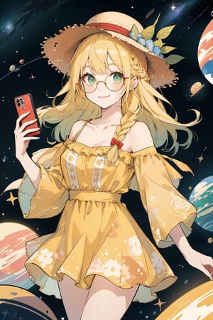 (masterpiece, best quality, highres:1.3), ultra resolution image, A cute country girl with a straw hat and braided hair takes a selfie in outer space. She smiles brightly, floating among stars and planets, wearing a floral dress and holding a phone, capturing the surreal scene.

yellow hair, round glasses, red clothes, green eyes,