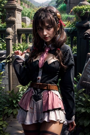   smile,   mature_woman, 27 years old, stern expression, frustrated, disappointed, flirty pose, sexy, looking at viewer, scenic view, Extremely Realistic, high resolution, masterpiece, 

yunyun1, 1girl, red eyes, solo, thighhighs, necktie, skirt, braid, long hair, pink necktie, large breasts, belt, hair ornament, black hair, hair bow, crown braid, long sleeves, brown hair, twintails, , spell, magic circle, hand up, field,