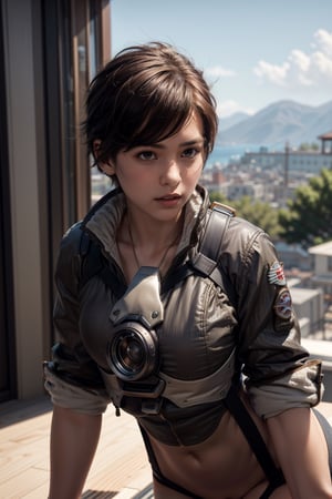   smile,   mature_woman, 27 years old, stern expression, frustrated, disappointed, flirty pose, sexy, looking at viewer, scenic view, Extremely Realistic, high resolution, masterpiece, 

tracer_overwatch, goggles, jacket, orange goggles, bodysuit, bomber jacket, harness, chest harness, orange bodysuit