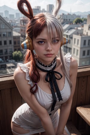   smile,   mature_woman, 27 years old, stern expression, frustrated, disappointed, flirty pose, sexy, looking at viewer, scenic view, Extremely Realistic, high resolution, masterpiece, 

uta, solo, long hair, split-color hair, headphones, hair rings, hair over one eye, looking at viewer, dress, ribbon, white dress, black ribbon, neck ribbon, twintails