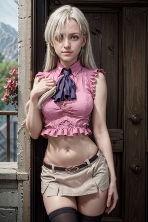   smile,   mature_woman, 27 years old, stern expression, frustrated, disappointed, flirty pose, sexy, looking at viewer, scenic view, Extremely Realistic, high resolution, masterpiece, 

elizabeth, long hair, blue eyes, white hair, hair over one eye, single earring,
pink shirt, navel, belt, (black skirt), miniskirt, (single thighhigh),