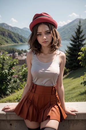   smile,   mature_woman, 27 years old, stern expression, frustrated, disappointed, flirty pose, sexy, looking at viewer, scenic view, Extremely Realistic, high resolution, masterpiece, 

 serena, looking at viewer, eyelashes, large hat, sleeveless, long hair, thighhighs, short hair, skirt, black thighhighs, shirt, collarbone, red skirt, pleated skirt, sleeveless shirt