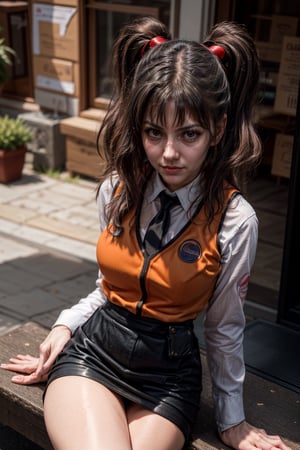   smile,   mature_woman, 27 years old, stern expression, frustrated, disappointed, flirty pose, sexy, looking at viewer, scenic view, Extremely Realistic, high resolution, masterpiece, 

aaruri, black necktie, orange vest, long sleeves, black skirt,