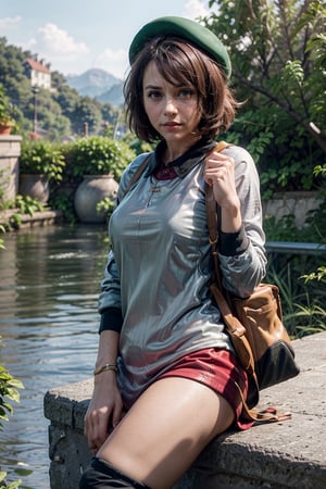   smile,   mature_woman, 27 years old, stern expression, frustrated, disappointed, flirty pose, sexy, looking at viewer, scenic view, Extremely Realistic, high resolution, masterpiece, 

gloria1, 1girl, gloria \(pokemon\), brown hair, solo, backpack, brown eyes, tam o' shanter, pink dress, short hair, green socks, socks, brown bag, bob cut, bangs, long sleeves, collared dress,
