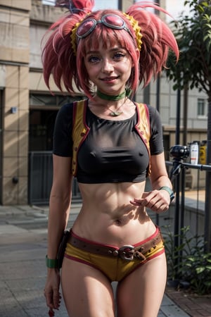   smile,   mature_woman, 27 years old,  flirty pose, sexy, looking at viewer, scenic view, Extremely Realistic, high resolution, masterpiece, 

tatsuno malm, belt, navel, choker, crop top, purple eyes, goggles on head, smile, pink hair, wristband, midriff, solo focus, twintails, goggles,