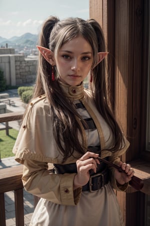   smile,   mature_woman, 27 years old, stern expression, frustrated, disappointed, flirty pose, sexy, looking at viewer, scenic view, Extremely Realistic, high resolution, masterpiece, 

frieren, 1girl, long hair, pointy ears, twintails, jewelry, elf, earrings, capelet, white capelet, long sleeves, parted bangs, dress, staff, holding staff, belt, flower