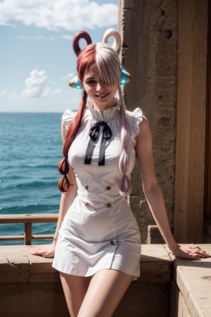   smile,   mature_woman, 27 years old,  flirty pose, sexy, looking at viewer, scenic view, Extremely Realistic, high resolution, masterpiece, 

onepieceuta, ,uta, long hair, (purple eyes:1.1), white hair, red hair, multicolored hair, (hair over one eye:1.5), two-tone hair, split-color hair, hair rings, sidelocks, smile, grin,BREAK dress, ribbon, jewelry, white dress, headphones,BREAK outdoors, ocean, boat,BREAK 