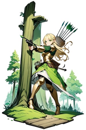 masterpiece, best quality, sharp eyes, green eyes, detailed eyes, 1elf archer, 25 years old, full-body, aiming, high color, long blonde hair, elegant, leather armor, break, break, flat vector art, colorful art, green tunic, simple background, forest background, ink art, peeking out upper body, eyes, bow and arrow, quiver, nature elements