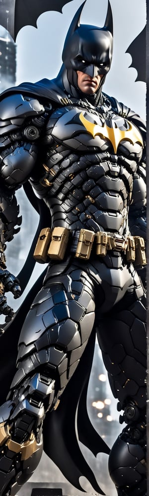 Angry batman mecha robo soldier character, anthropomorphic figure, wearing futuristic black soldier armor and weapons, reflection mapping, realistic figure, hyperdetailed, cinematic lighting photography, 32k uhd with a golden staff, rgb lighting on suit, 

By: panchovilla,mecha