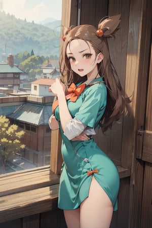  smile,  panties, mature_woman, 27 years old, stern expression, frustrated, disappointed, flirty pose, sexy, looking at viewer, scenic view,Extremely Realistic,REALISTIC,Masterpiece,highres,best quality,jasmine \(pokemon\), aqua dress, :o, orange bow, 
