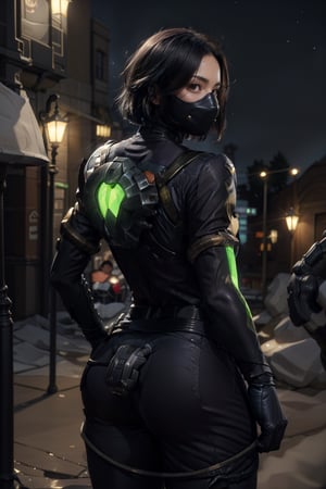   smile,   mature_woman, 27 years old, stern expression, frustrated, disappointed, flirty pose, sexy, looking at viewer, scenic view, Extremely Realistic, high resolution, masterpiece, 

valorantViper, bodysuit, gloves, belt, thigh boots, respirator, from behind, looking at viewer, night, city street, balled fists