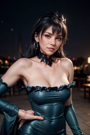   smile,   mature_woman, 27 years old, stern expression, frustrated, disappointed, flirty pose, sexy, looking at viewer, scenic view, Extremely Realistic, high resolution, masterpiece, 

bellelba, medium hair, earrings, crown, detached collar, off-shoulder dress, long dress, wide sleeves, white elbow gloves, indigo hair, 