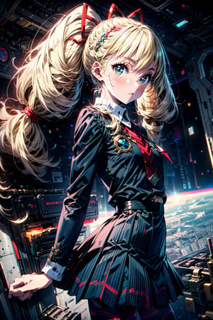 masterpiece, best quality, highres,  solo, 

TWINTAILS, TWIN DRILLS, Luna_MM, twin tails, drill hair, blonde, striped tights,blue dress, school uniform, skirt, blond_hair, big hair, big red ribbon in hair,

cowboy shot, space station, 