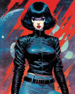 80's pulp sci-fi, sinister, muted colors. Art by Artem Chebokha + Khari Evans + Hoang Nguyen + Hiroya Oku + Takeshi Obata + Vofan + Mogiki Hayami. 1 girl, pale skin, pixie short black hair with bangs , blue eyes, full red lips, leather jacket, tight leather jeans, tight black t-shirt.