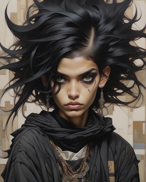 (ethereal dark fairy tale by Nicola Samori, JC Leyendecker), A rebellious Saudi Arabian woman, her black hair styled into a punk rock inspired look, complements her brown eyes and light brown tan skin. The image, possibly a vibrant painting or a striking photograph, captures her bold and unique style with precision. Every detail, from her edgy clothing to her unconventional appearance, exudes an air of confidence and individuality. The high quality of the image allows viewers to truly appreciate the essence of her unconventional beauty and self-expression.