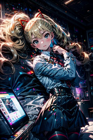 masterpiece, best quality, highres,  solo, 

TWINTAILS, TWIN DRILLS, Luna_MM, twin tails, drill hair, blonde, striped tights,blue dress, school uniform, skirt, blond_hair, big hair, big red ribbon in hair,

cowboy shot, space station, (lying in bed, using a tablet),